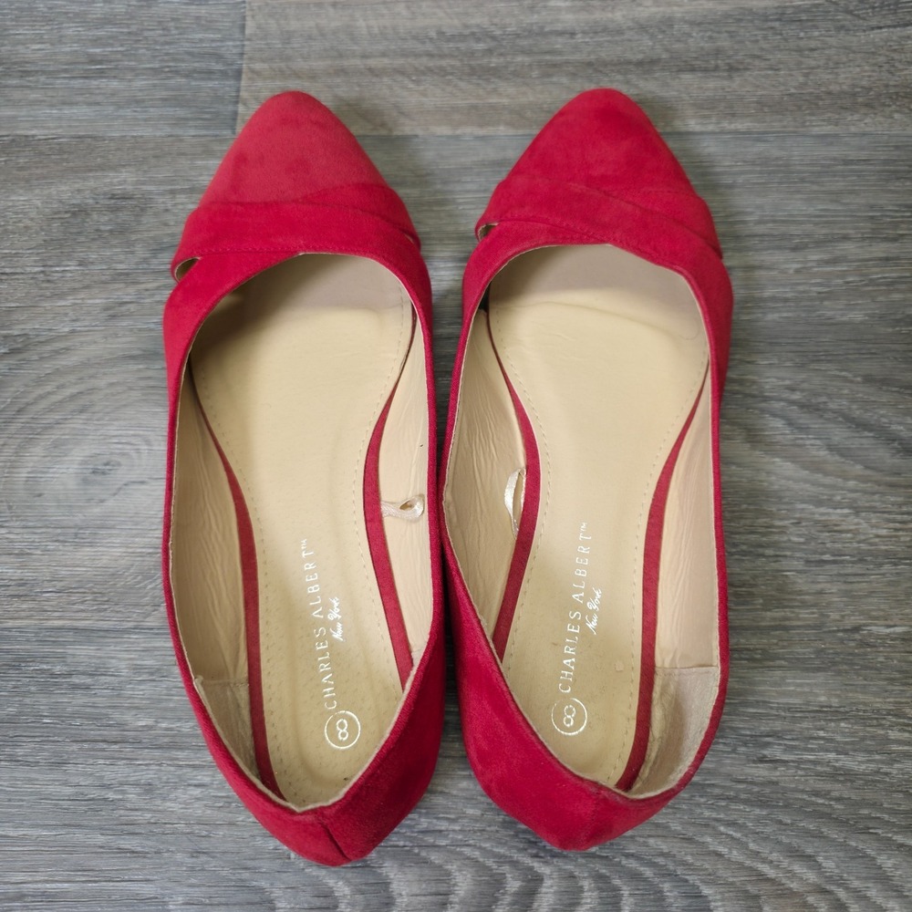 Charles Albert Flats Women 8 Red Pointed Toe Faux Suede Classic Ballet Timeless - Picture 7 of 12